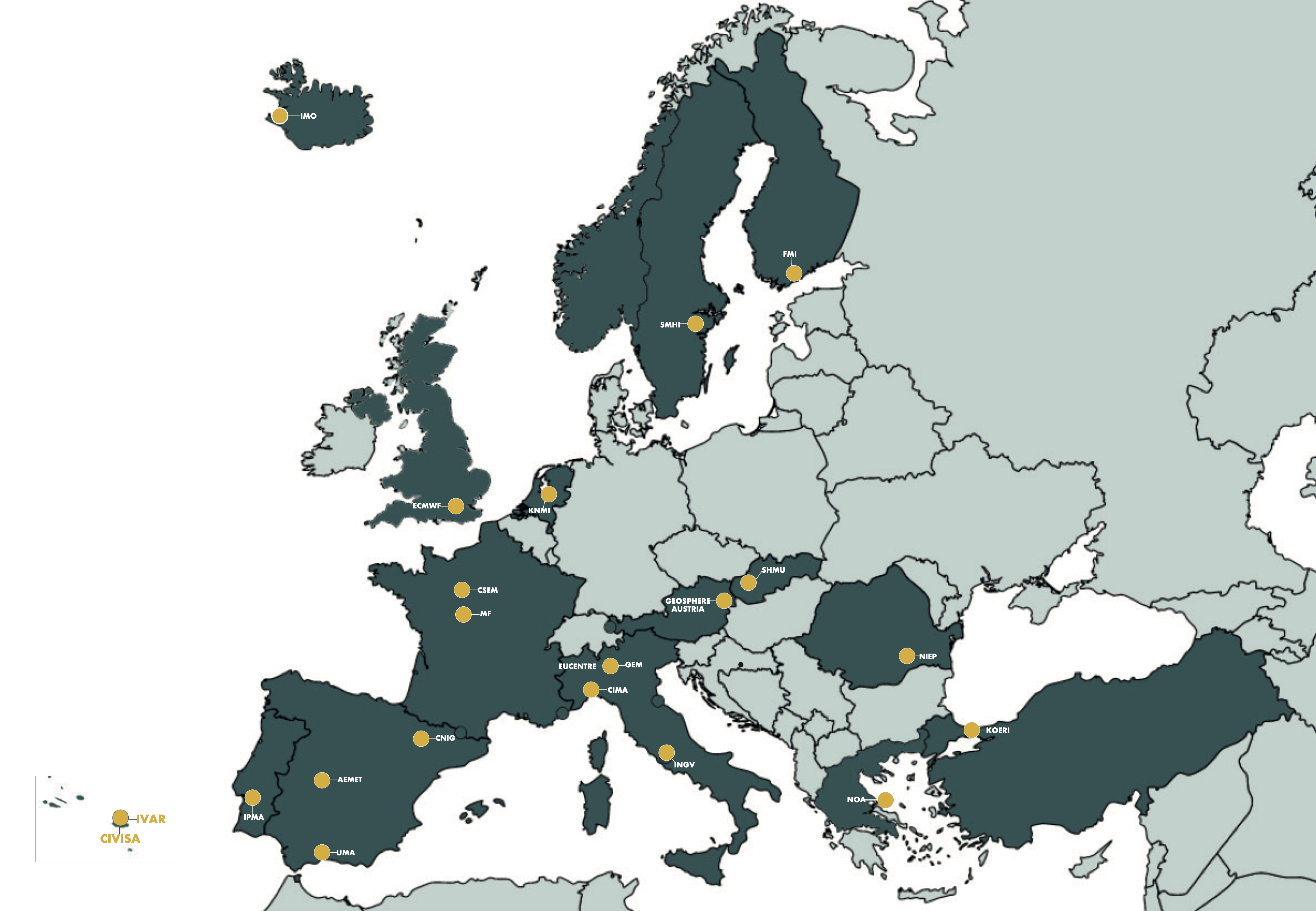 Geographical distribution of the ARISTOTLE-eENHSP Consortium. Please note that CSEM and EMWF are European organisations. Their allocation on the map refers to their headquarters.